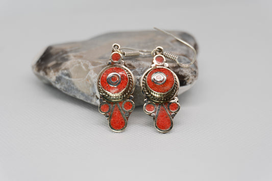 Captivating Red Stone & Silver-Tone Statement Drop Earrings