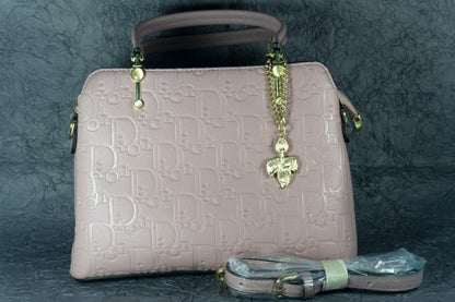 Blush Pink Embossed Handbag with Gold Chain Charm