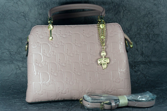 Blush Pink Embossed Handbag with Gold Chain Charm