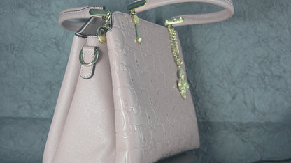 Blush Pink Embossed Handbag with Gold Chain Charm